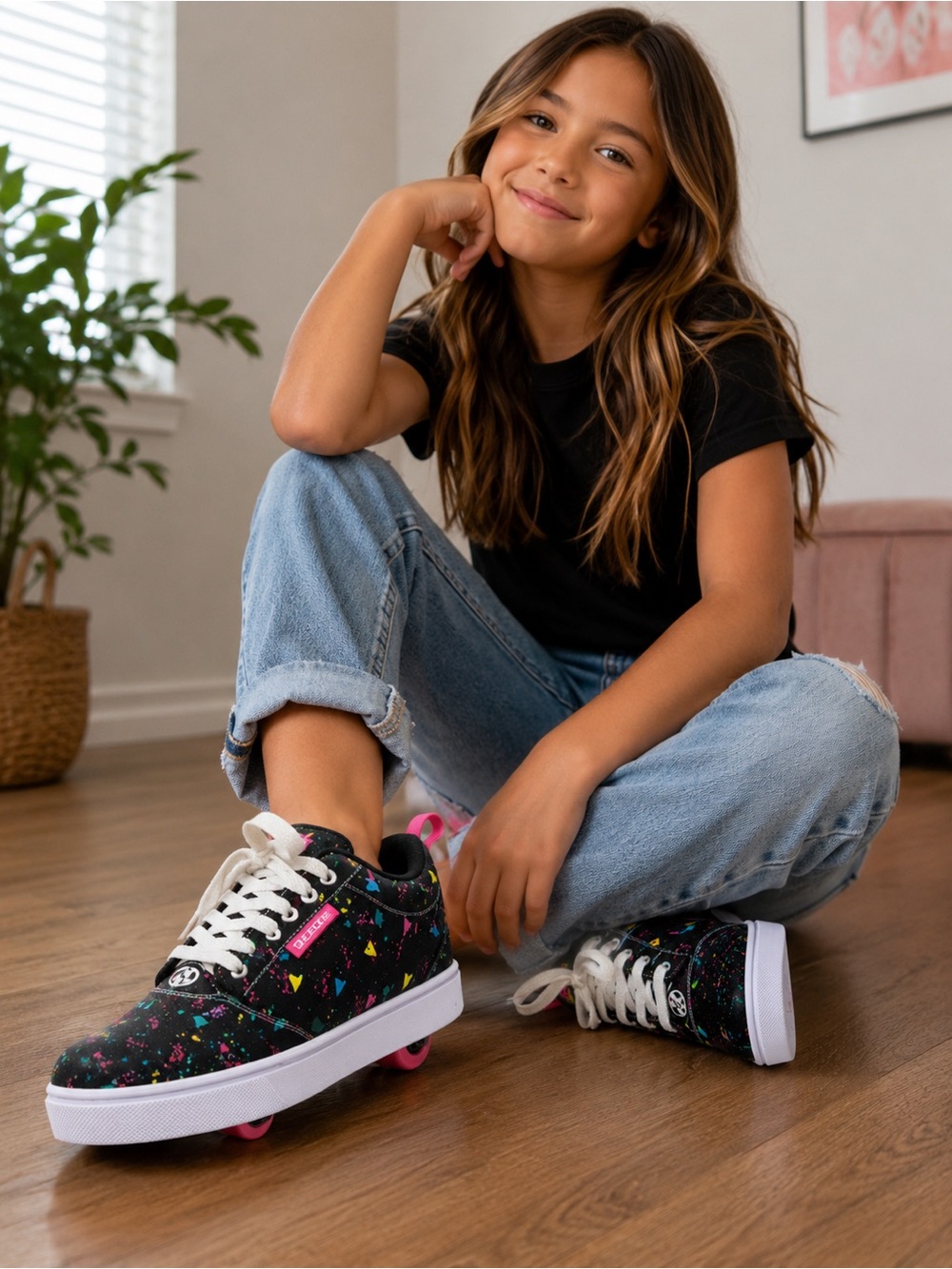 Heelys Kids' Black Multicolor Splatter Sneakers with Pink Pull Tabs